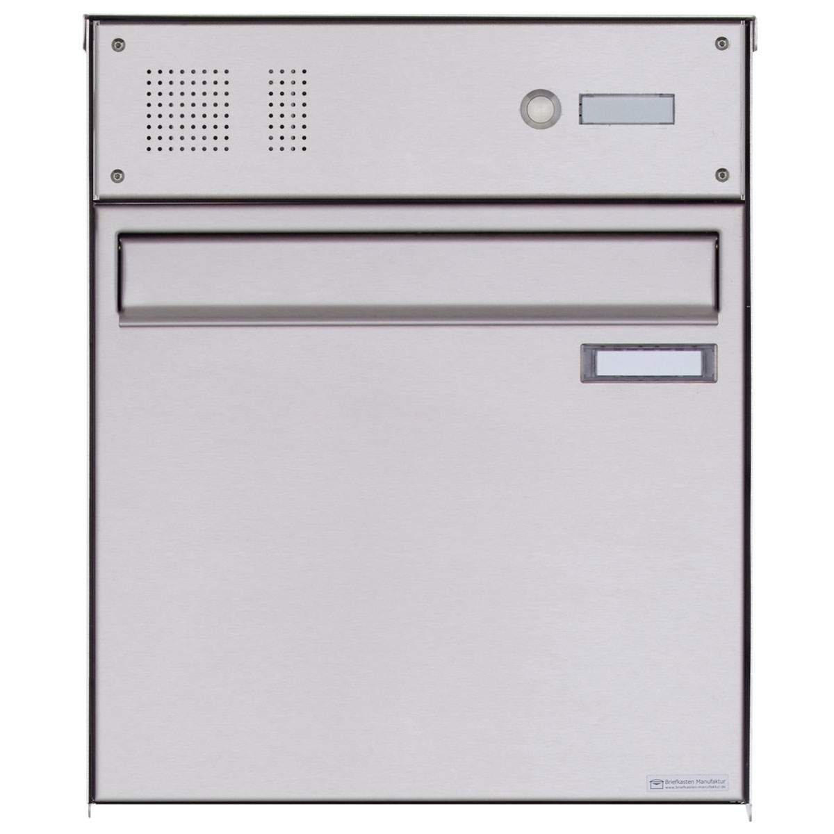 Edelstahl Zaunbriefkasten BASIC Plus 382XZ mit Klingelkasten - Edelstahl geschliffen - Entnahme rückseitig Edelstahl Zaunbriefkasten BASIC Plus 382XZ mit Klingelkasten - Edelstahl geschliffen - Entnahme rückseitig
