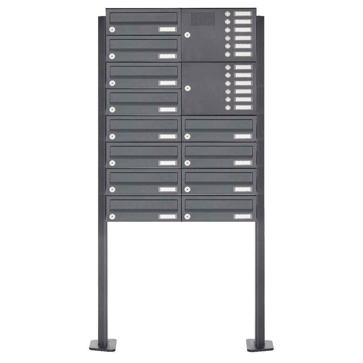 12er Edelstahl Standbriefkasten Design BASIC Plus 385XP ST-T mit Klingelkasten - RAL nach Wahl 12er Edelstahl Standbriefkasten Design BASIC Plus 385XP ST-T mit Klingelkasten - RAL nach Wahl