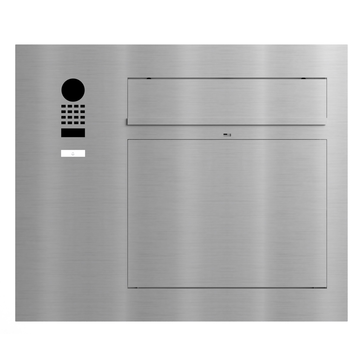 Design flush-mounted letterbox GRIMM - polished stainless steel with DoorBird video intercom left