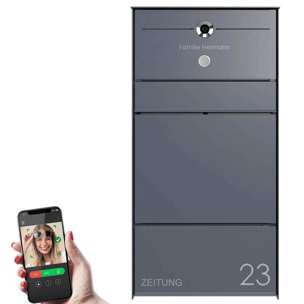 Design surface-mounted letterbox GOETHE AP with newspaper compartment - RAL of your choice - COMELIT Switch - VIDEO complete set Wifi Design surface-mounted letterbox GOETHE AP with newspaper compartment - RAL of your choice - COMELIT Switch - VIDEO complete set Wifi