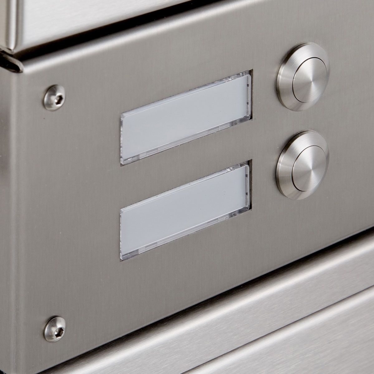 2-piece stainless steel surface-mounted letterbox BASIC Plus 382X AP with bell box on the side 2-piece stainless steel surface-mounted letterbox BASIC Plus 382X AP with bell box on the side