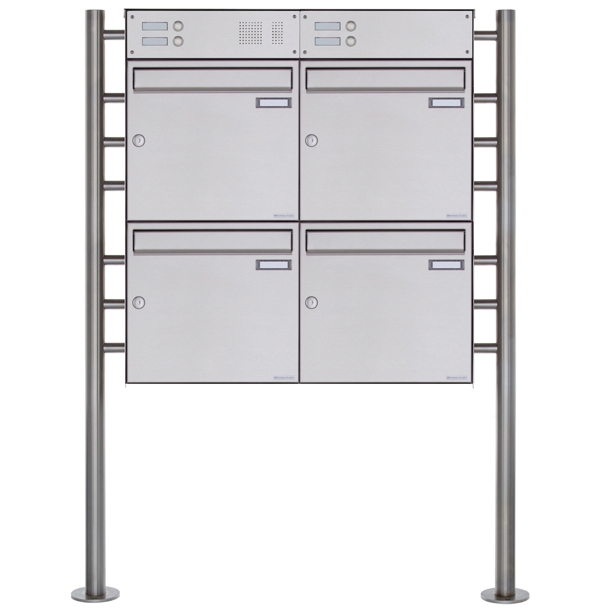4er Standbriefkasten Design BASIC Plus 381X ST-R mit Klingelkasten - Edelstahl V2A geschliffen
