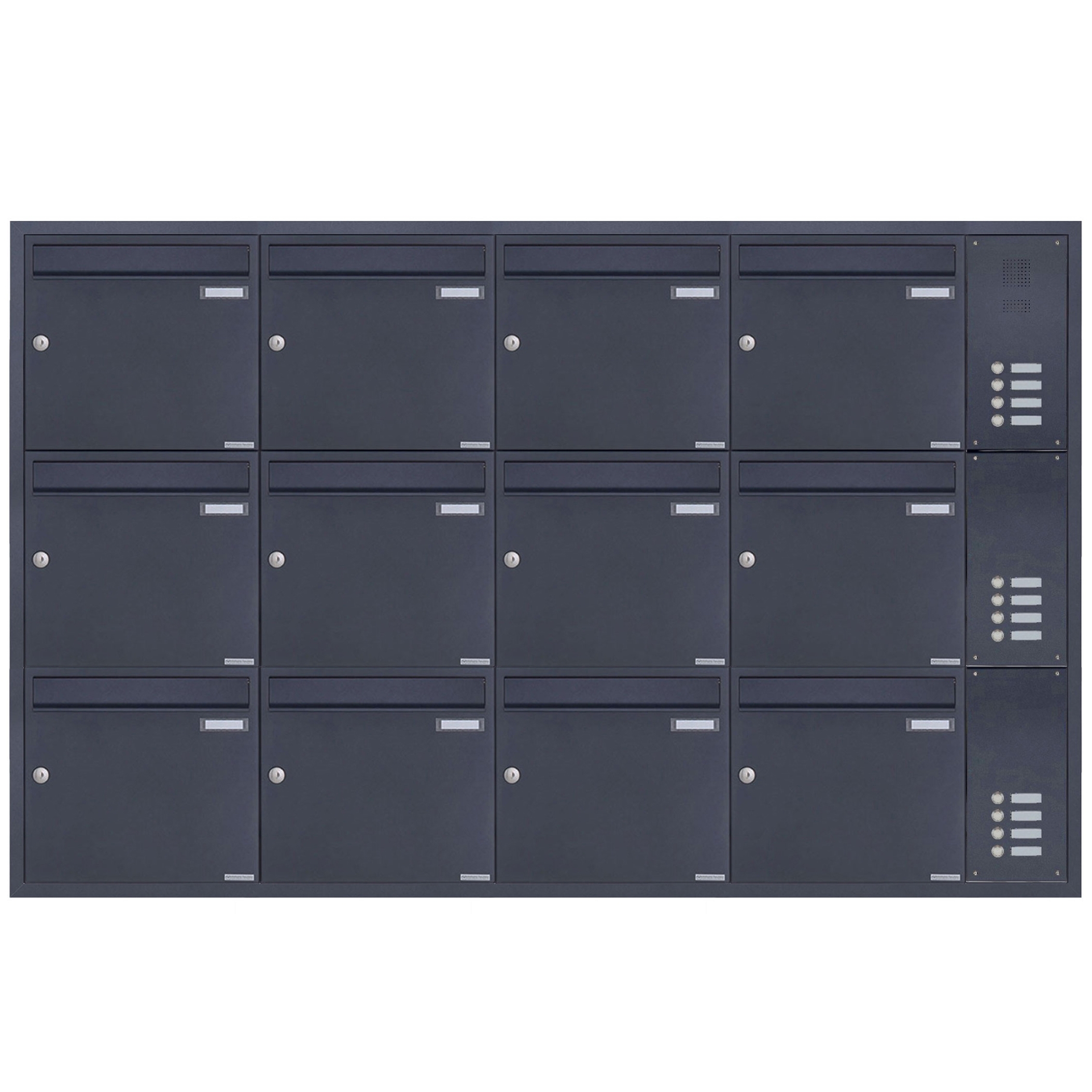 12-piece stainless steel flush-mounted letterbox system BASIC Plus 382XU UP with bell box on the side - RAL of your choice 12-piece stainless steel flush-mounted letterbox system BASIC Plus 382XU UP with bell box on the side - RAL of your choice