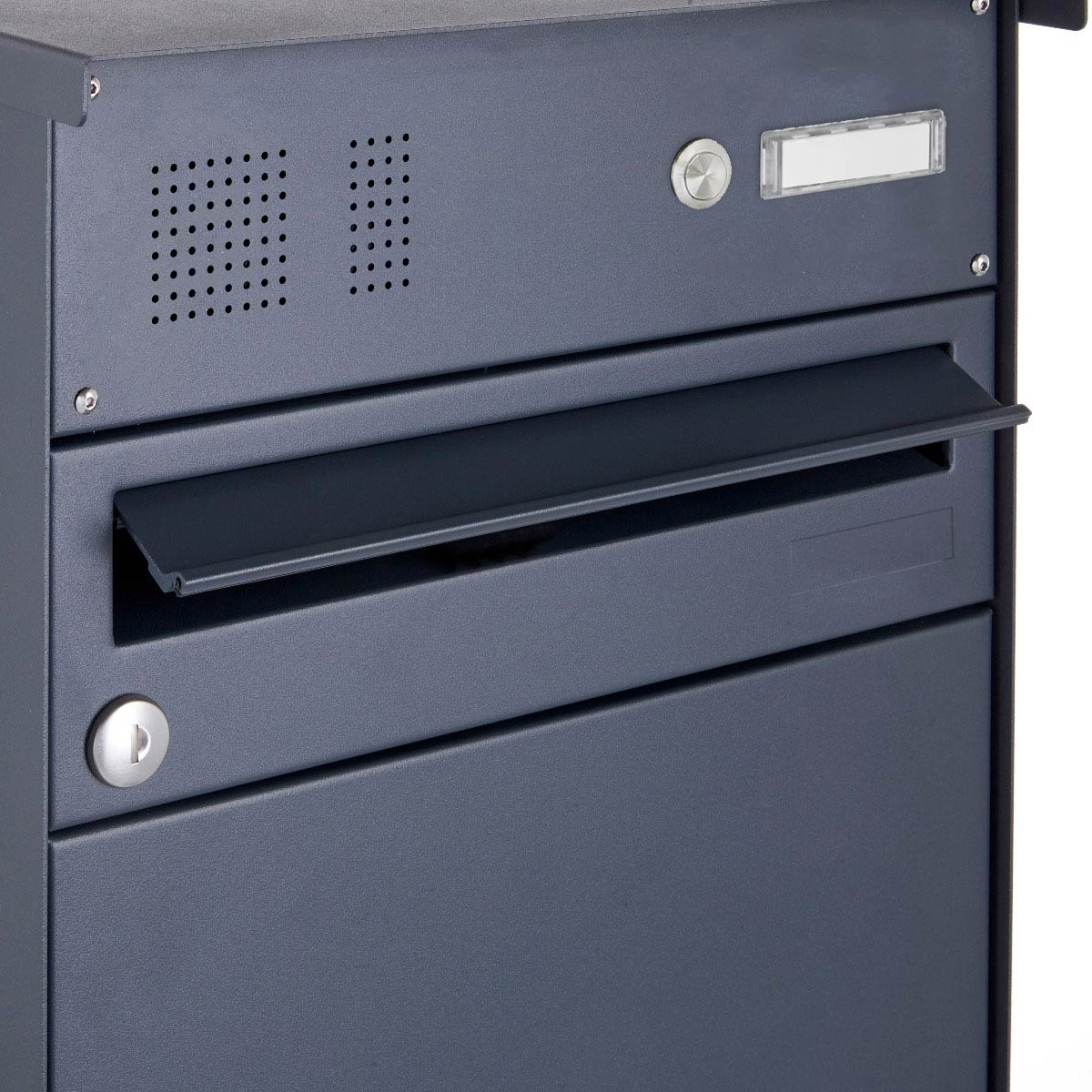 Stainless steel free-standing parcel letter box BASIC Plus 863X ST-R with bell box & parcel compartment 550x370 - RAL of your choice Stainless steel free-standing parcel letter box BASIC Plus 863X ST-R with bell box & parcel compartment 550x370 - RAL of your choice