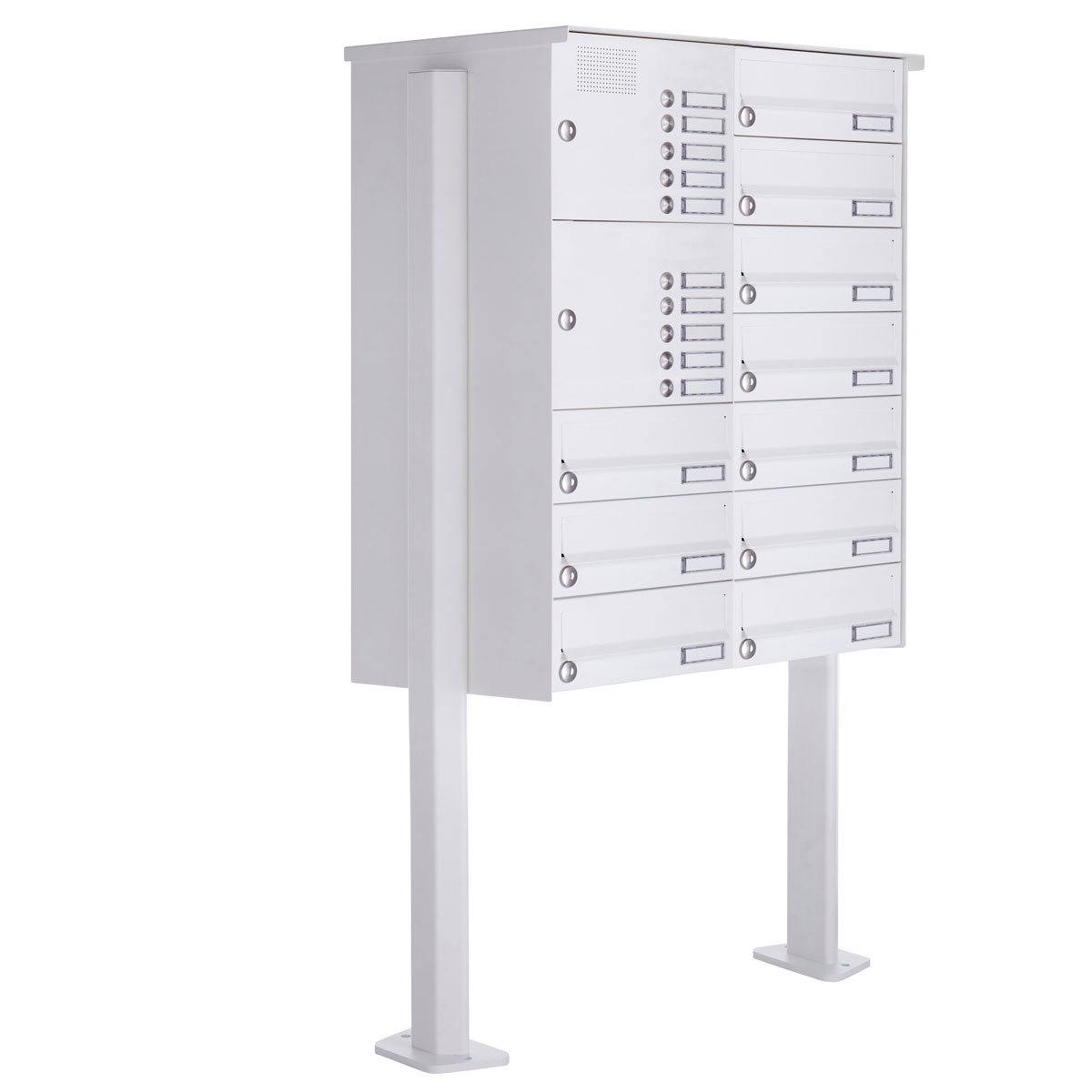 10er Standbriefkasten Design BASIC 385P-9016 ST-T mit Klingelkasten - RAL 9016 verkehrsweiß