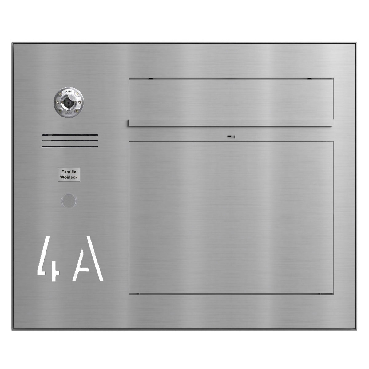 Cassetta per le lettere di design GRIMM - acciaio inox lucido con predisposizione per telecamera e impianto citofonico a sinistra Cassetta per le lettere di design GRIMM - acciaio inox lucido con predisposizione per telecamera e impianto citofonico a sinistra