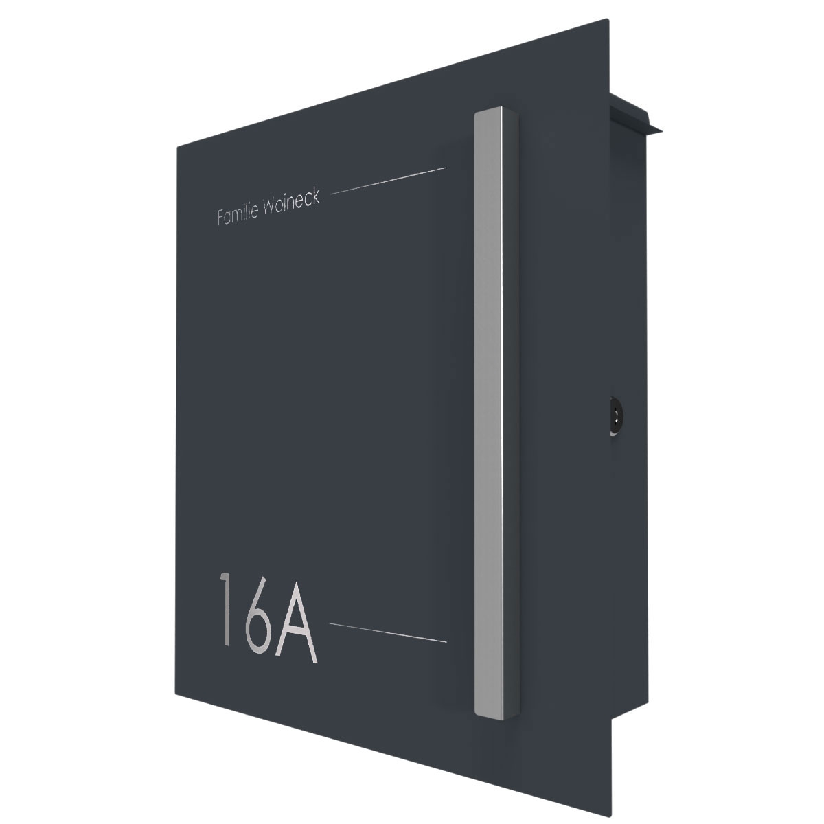 Design stainless steel letterbox SCHILLER MEDIUM Elegance III with handle bar - house number - name - RAL of your choice Design stainless steel letterbox SCHILLER MEDIUM Elegance III with handle bar - house number - name - RAL of your choice