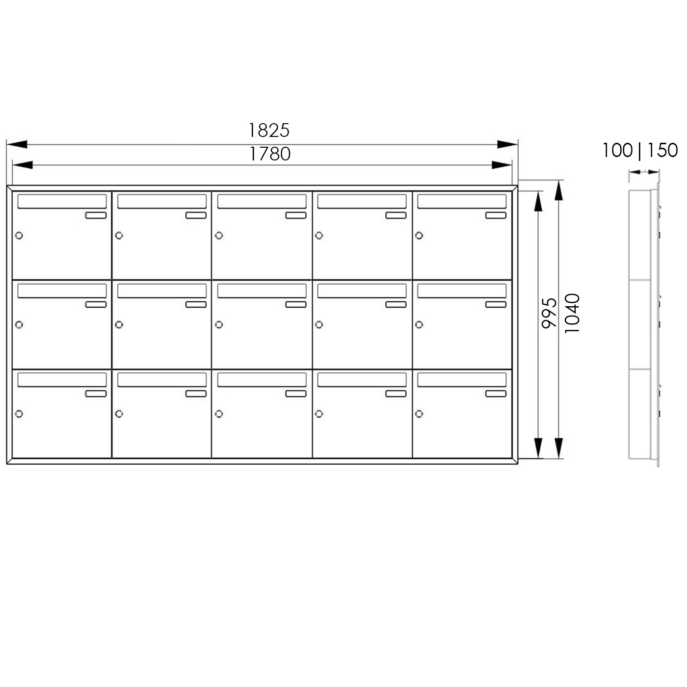 15er 5x3 Edelstahl Unterputz Briefkastenanlage BASIC Plus 382XU UP - RAL nach Wahl - 15 Parteien