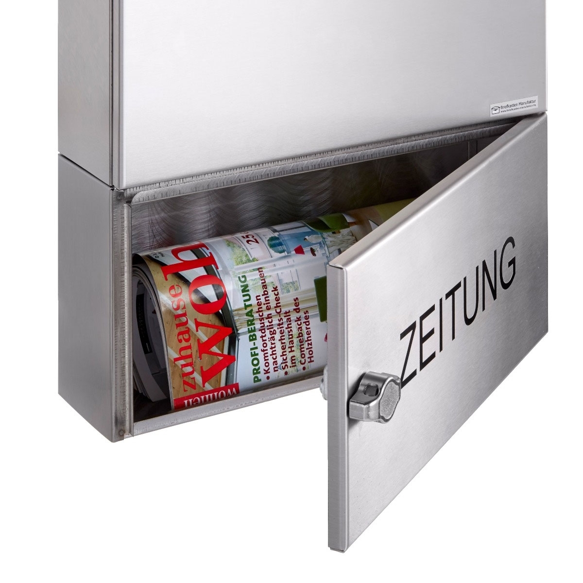 Cassetta postale da incasso BASIC Plus 382XU UP in 4 pezzi in acciaio inox con campanello e scomparto per giornali Cassetta postale da incasso BASIC Plus 382XU UP in 4 pezzi in acciaio inox con campanello e scomparto per giornali