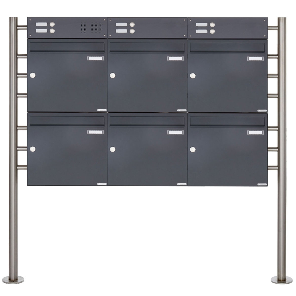 6-post 2x3 letterbox Design BASIC 381 ST-R with bell box - RAL 7016 anthracite grey 6-post 2x3 letterbox Design BASIC 381 ST-R with bell box - RAL 7016 anthracite grey