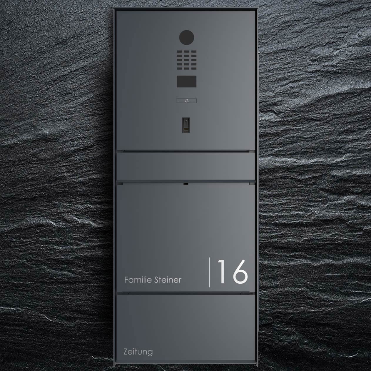 Design surface-mounted letterbox GOETHE AP with newspaper compartment - RAL of your choice - DoorBird video intercom system Design surface-mounted letterbox GOETHE AP with newspaper compartment - RAL of your choice - DoorBird video intercom system