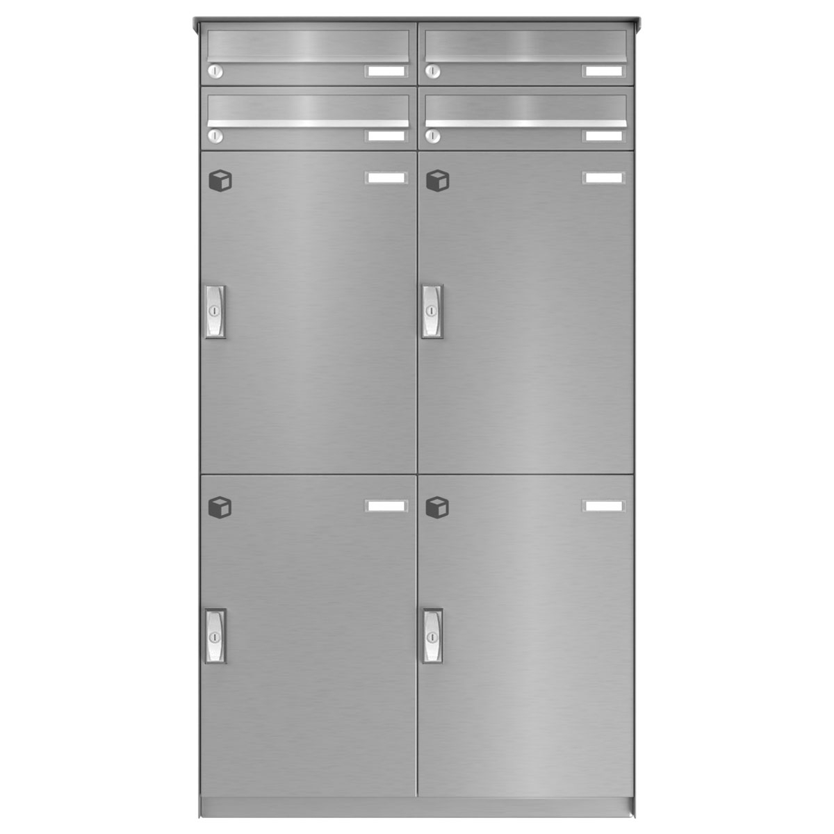 4er Paketfachanlage BASIC Plus 863X STL mit Paketfach 370x550 und Briefkasten 370x110 - Edelstahl geschliffen 4er Paketfachanlage BASIC Plus 863X STL mit Paketfach 370x550 und Briefkasten 370x110 - Edelstahl geschliffen