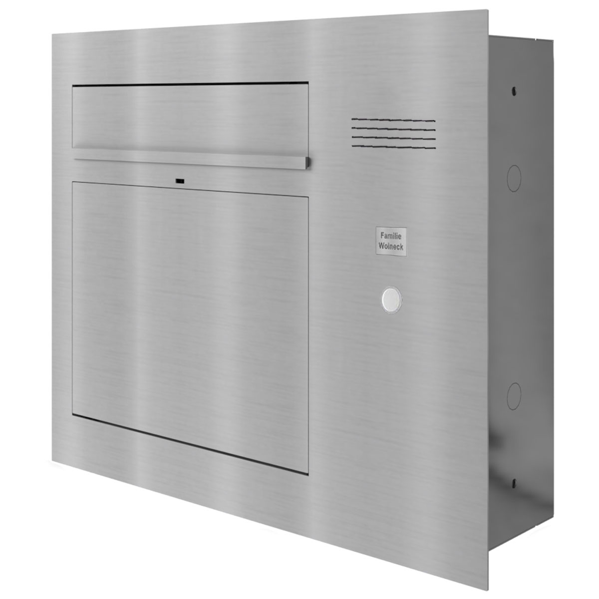Design flush-mounted letterbox GRIMM - polished stainless steel with preparation for camera and intercom on the right Design flush-mounted letterbox GRIMM - polished stainless steel with preparation for camera and intercom on the right