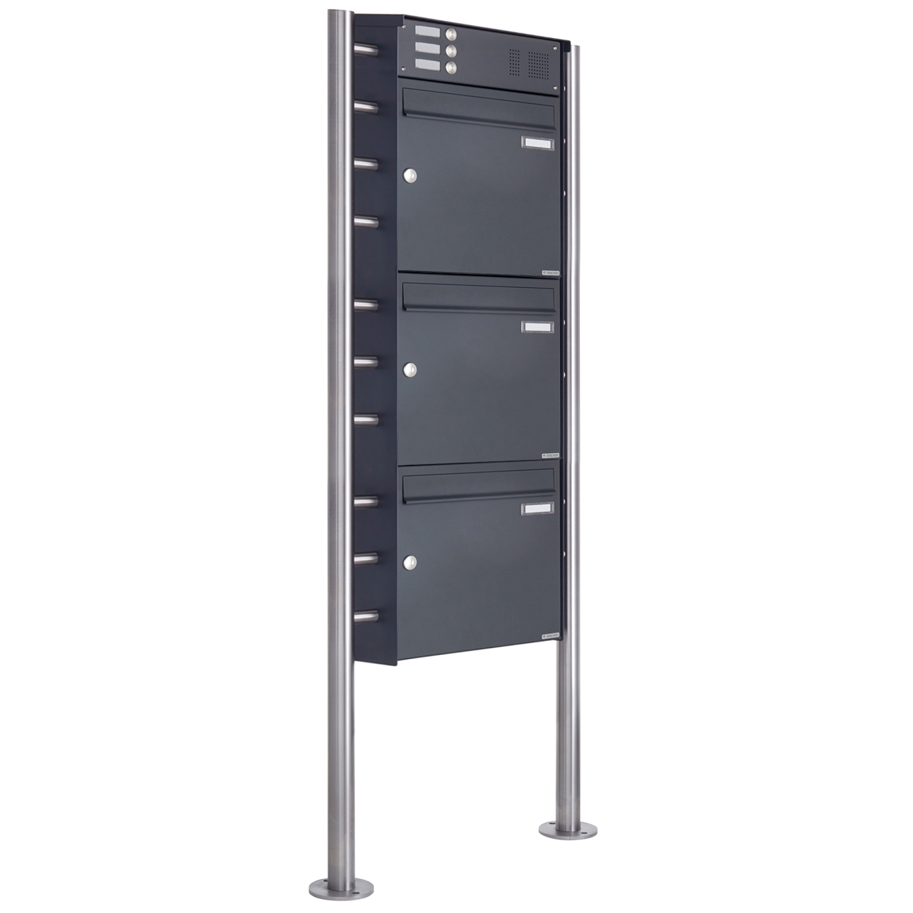 3er 3x1 stainless steel free-standing letterbox Design BASIC Plus 381X ST-R with bell box - RAL of your choice
