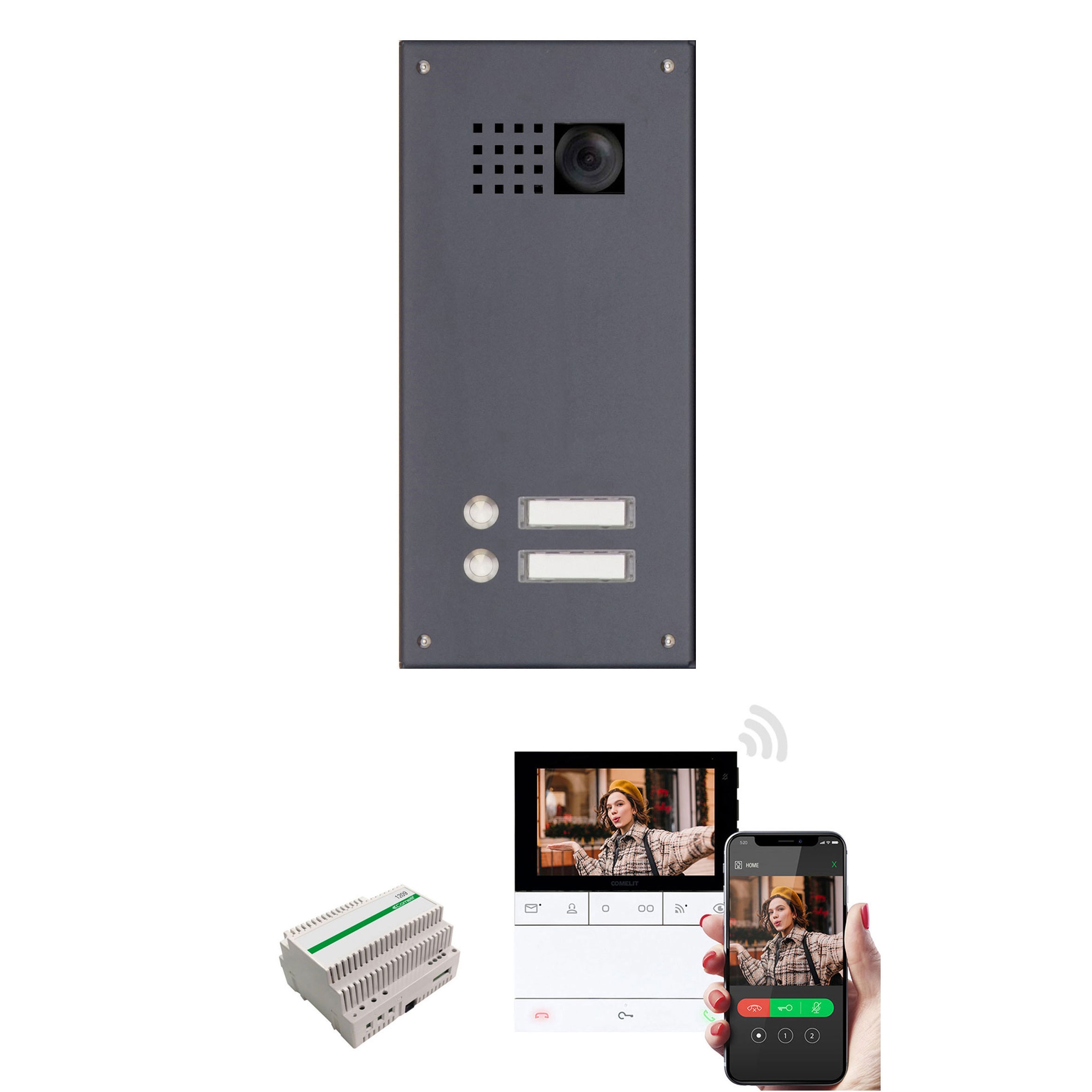 Copertura in acciaio inox 170x330 per 2 party con set video completo Comelit Wifi - RAL a scelta