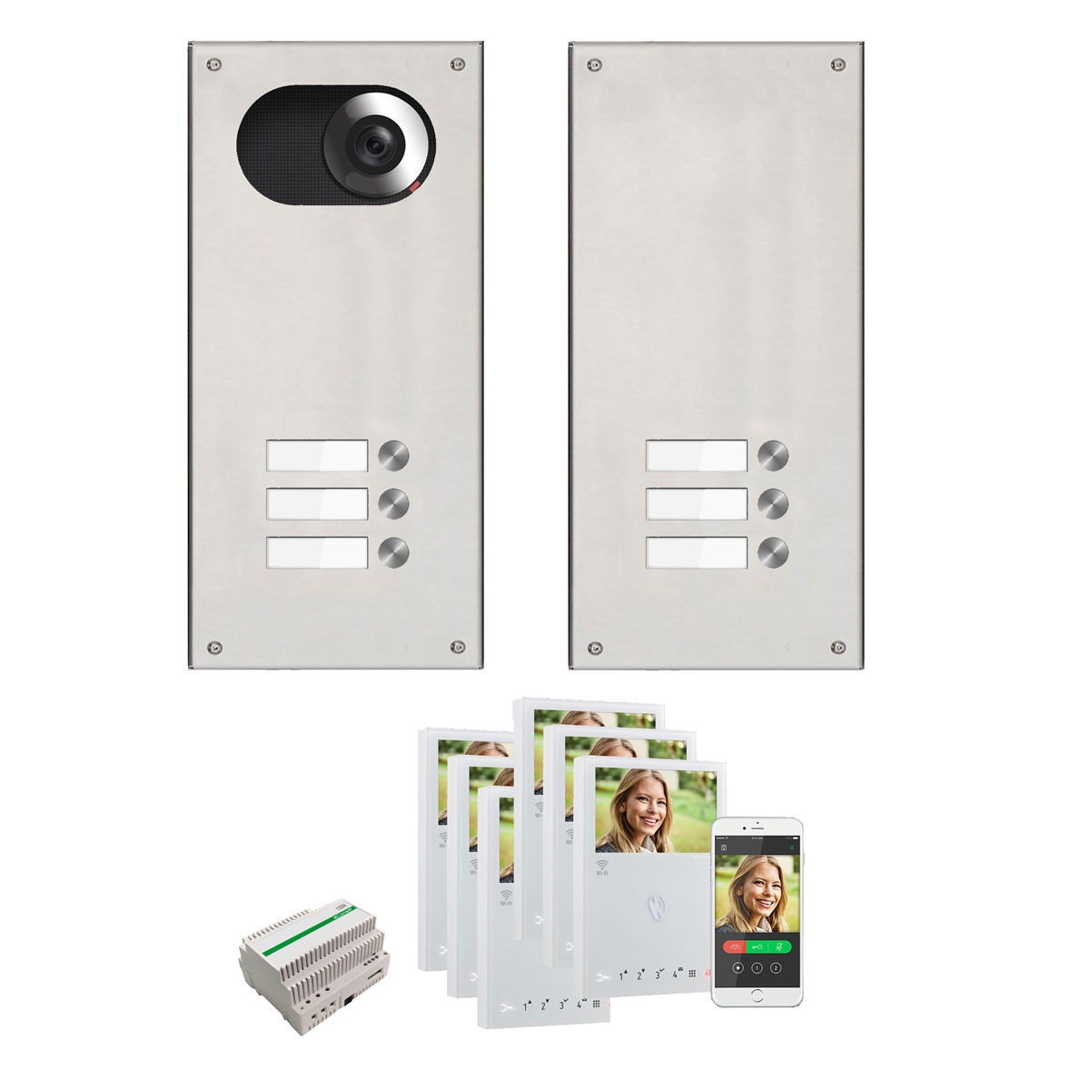 2 Edelstahl-Blenden 170x330 für 6 Parteien m. Comelit Video-Komplettset Wifi - Geschliffen 2 Edelstahl-Blenden 170x330 für 6 Parteien m. Comelit Video-Komplettset Wifi - Geschliffen