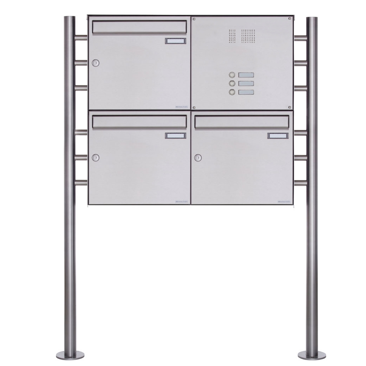 3-post letterbox design BASIC Plus 381X ST-R with bell box - polished V2A stainless steel 3-post letterbox design BASIC Plus 381X ST-R with bell box - polished V2A stainless steel