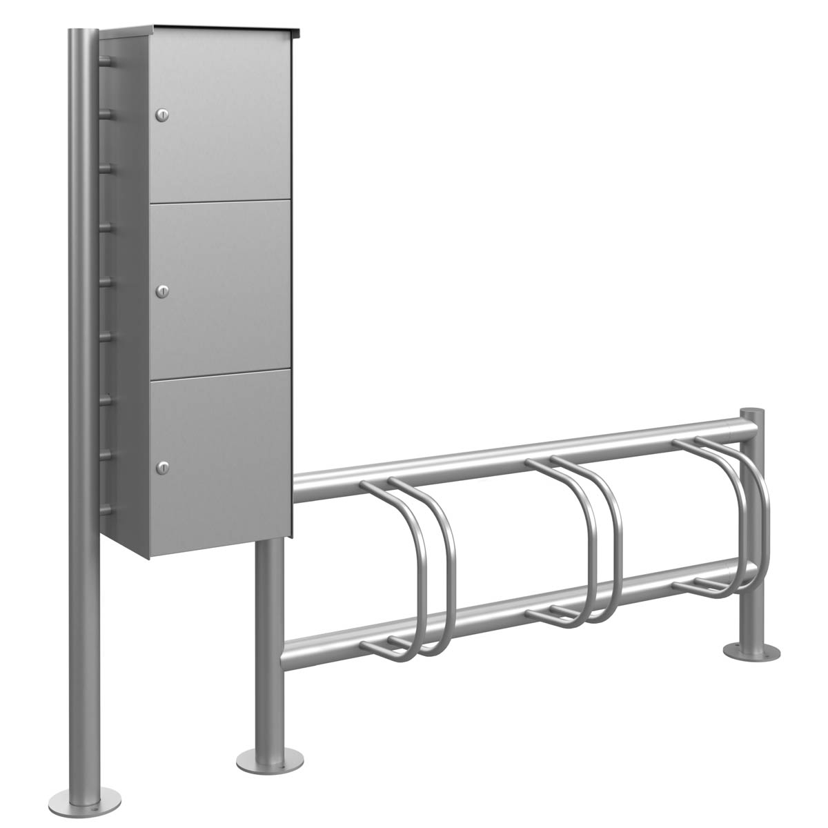 3-seater stainless steel bicycle stand ACHIM with lockers - e-bike charging station - polished V2A stainless steel 3-seater stainless steel bicycle stand ACHIM with lockers - e-bike charging station - polished V2A stainless steel