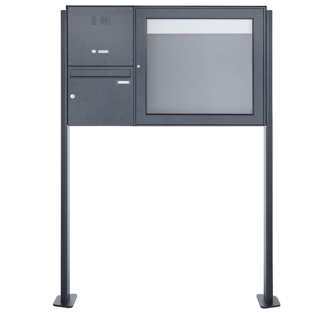 Standbriefkasten mit Schaukasten BASIC Plus 389X ST-T mit Klingelkasten - 710x660 - RAL 7016 anthrazitgrau Standbriefkasten mit Schaukasten BASIC Plus 389X ST-T mit Klingelkasten - 710x660 - RAL 7016 anthrazitgrau
