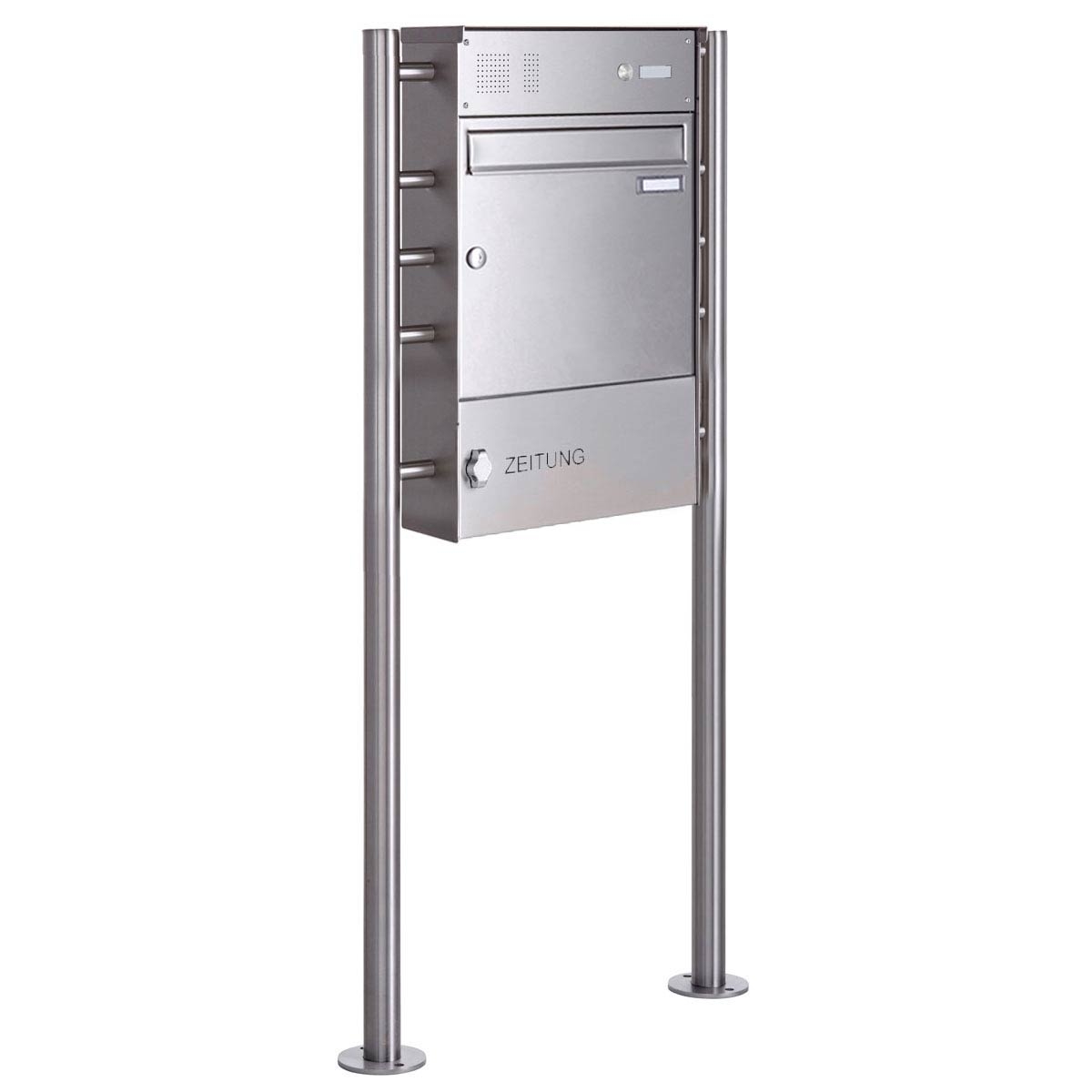 1-post letterbox Design BASIC Plus 381X ST-R with bell box & newspaper compartment closed - stainless steel 1-post letterbox Design BASIC Plus 381X ST-R with bell box & newspaper compartment closed - stainless steel