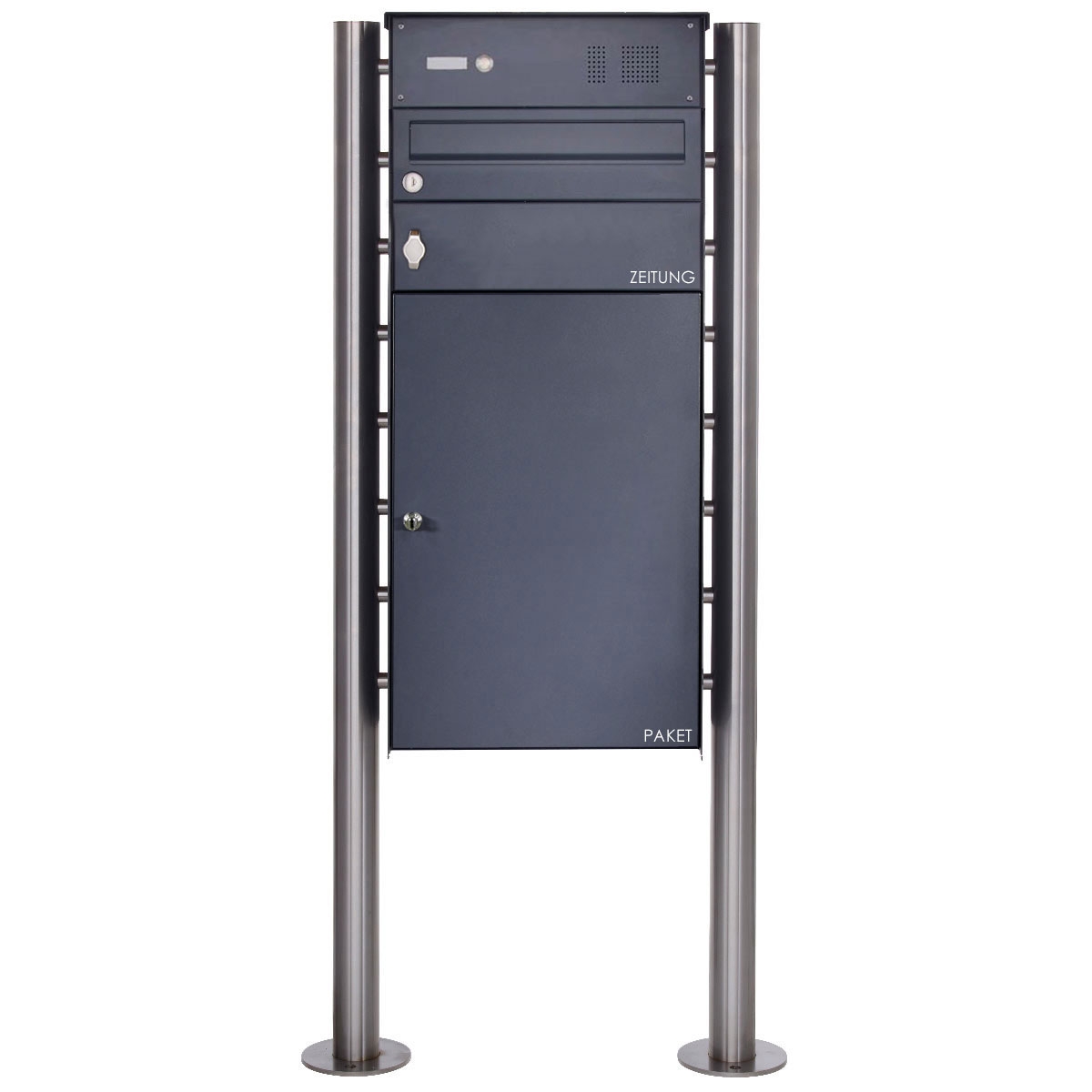 Edelstahl Standbriefkasten BASIC Plus 863X ST-R mit Klingelkasten, Zeitungsfach & Paketfach 550x370 - RAL nach Wahl Edelstahl Standbriefkasten BASIC Plus 863X ST-R mit Klingelkasten, Zeitungsfach & Paketfach 550x370 - RAL nach Wahl