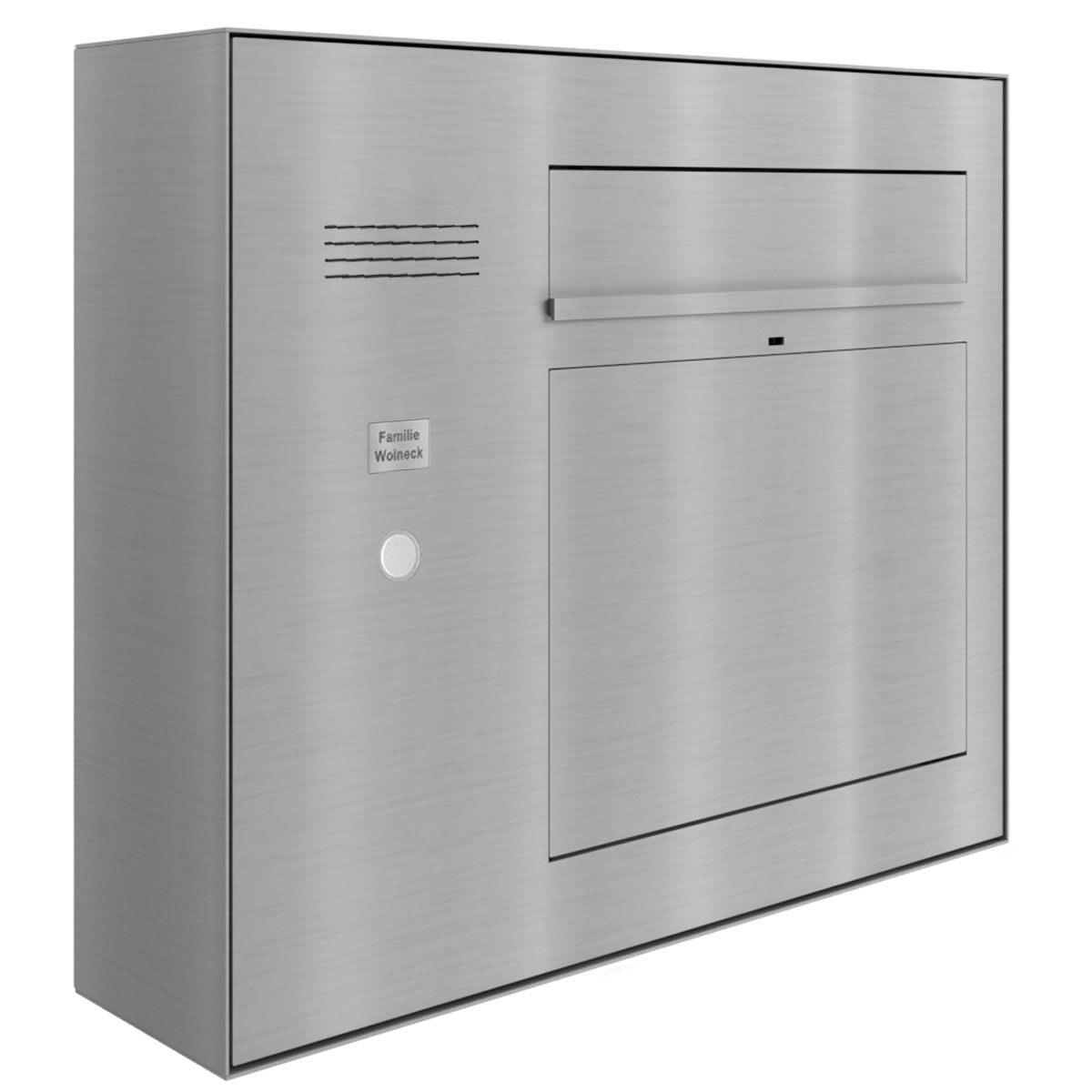 Cassetta per le lettere di design GRIMM - acciaio inox lucido con predisposizione per telecamera e impianto citofonico a sinistra Cassetta per le lettere di design GRIMM - acciaio inox lucido con predisposizione per telecamera e impianto citofonico a sinistra