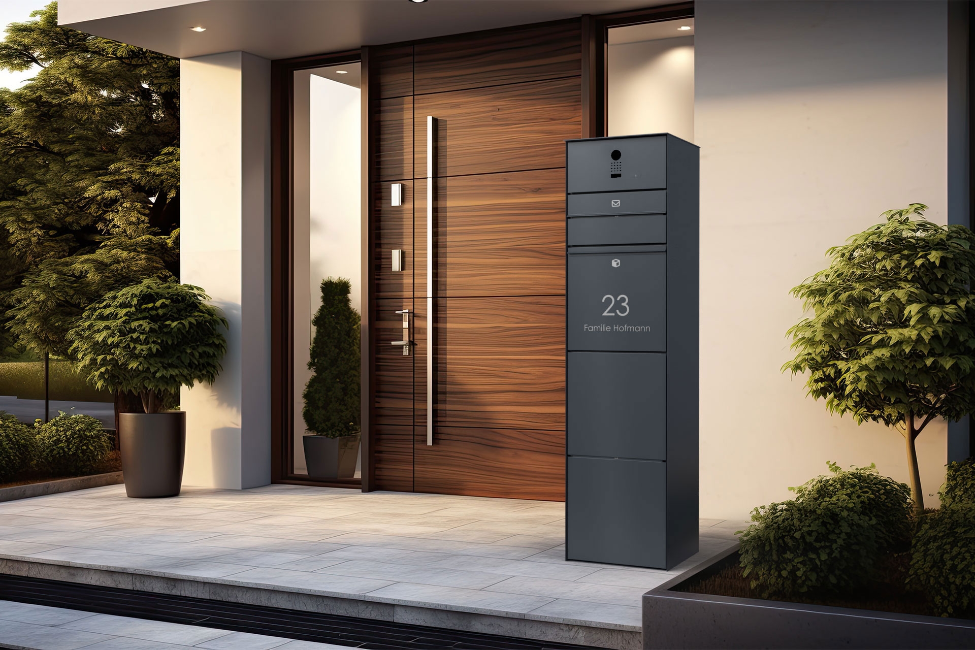 Freestanding design parcel box GOETHE with 1 letterbox and DoorBird D1100E camera intercom - lock system - RAL of your choice