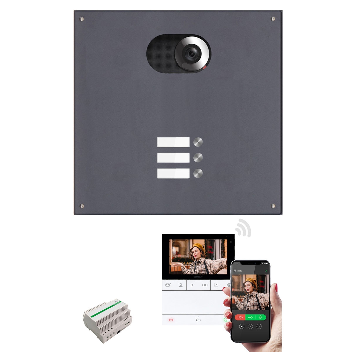Stainless steel cover 355x330 for 3 party, RAL n. choice with Comelit complete video set Wifi Stainless steel cover 355x330 for 3 party, RAL n. choice with Comelit complete video set Wifi