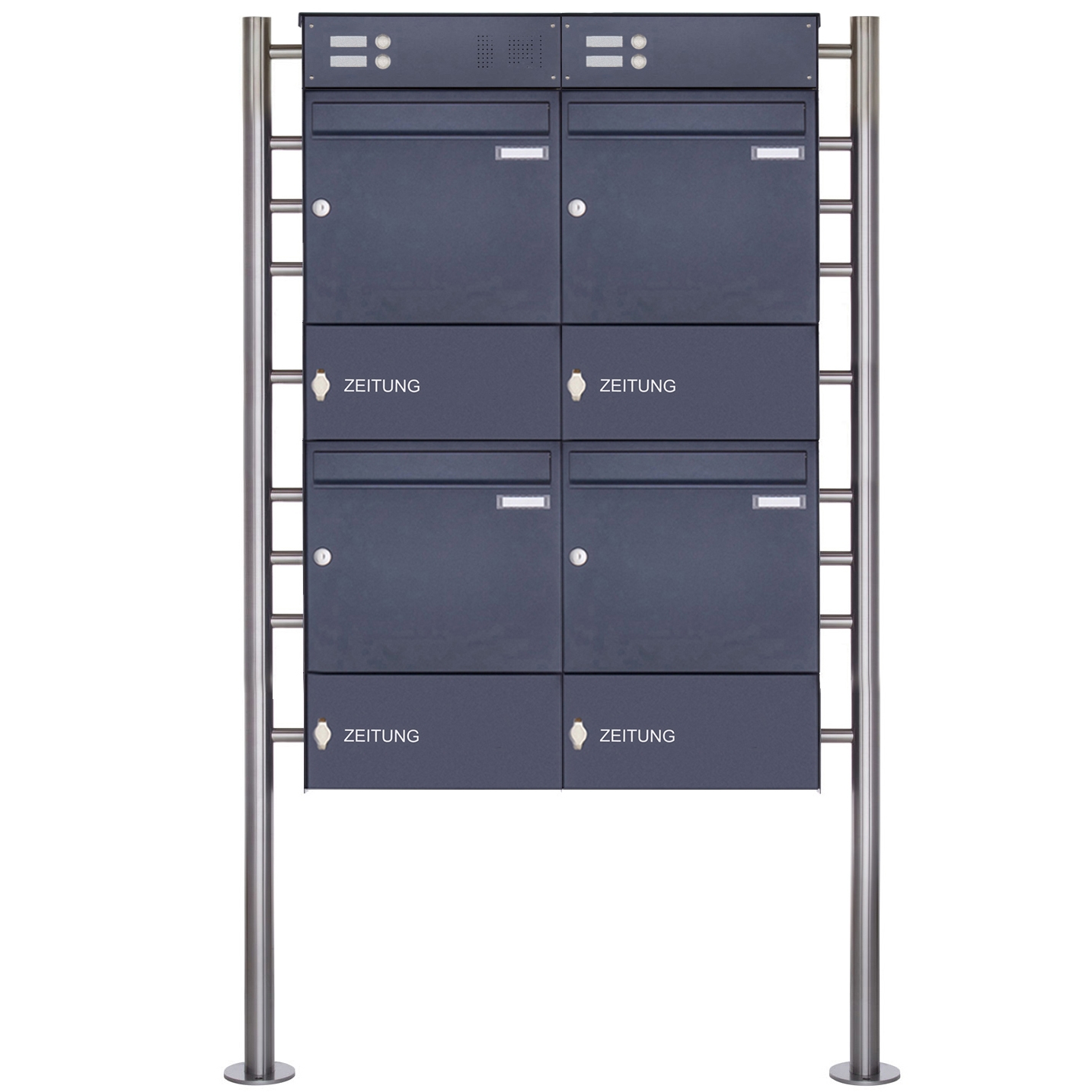 4er 2x2 stainless steel free-standing letterbox Design BASIC Plus 381X ST-R with bell box & newspaper compartment - RAL 4er 2x2 stainless steel free-standing letterbox Design BASIC Plus 381X ST-R with bell box & newspaper compartment - RAL