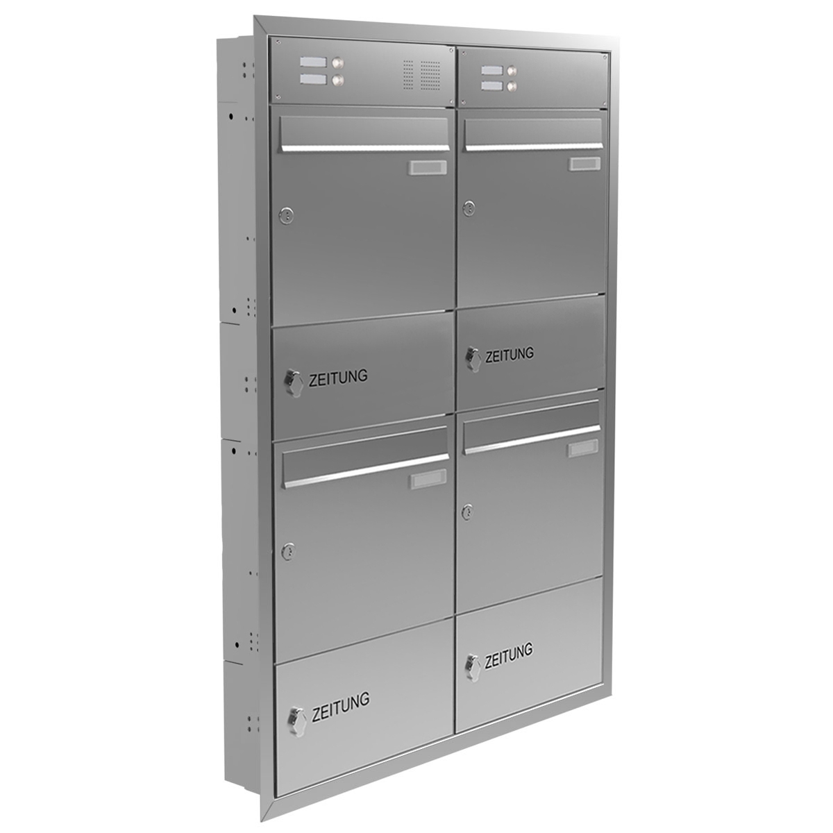 Cassetta postale da incasso BASIC Plus 382XU UP in 4 pezzi in acciaio inox con campanello e scomparto per giornali Cassetta postale da incasso BASIC Plus 382XU UP in 4 pezzi in acciaio inox con campanello e scomparto per giornali