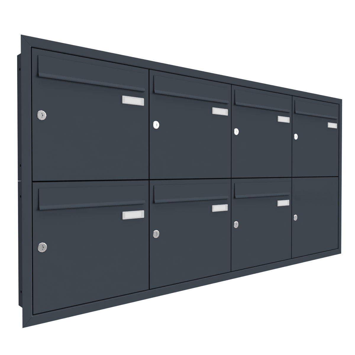 Sistema di cassette per le lettere da incasso BASIC Plus 382XU UP a 7 unità 4x2 in acciaio inox - RAL a scelta - 7 parti Sistema di cassette per le lettere da incasso BASIC Plus 382XU UP a 7 unità 4x2 in acciaio inox - RAL a scelta - 7 parti