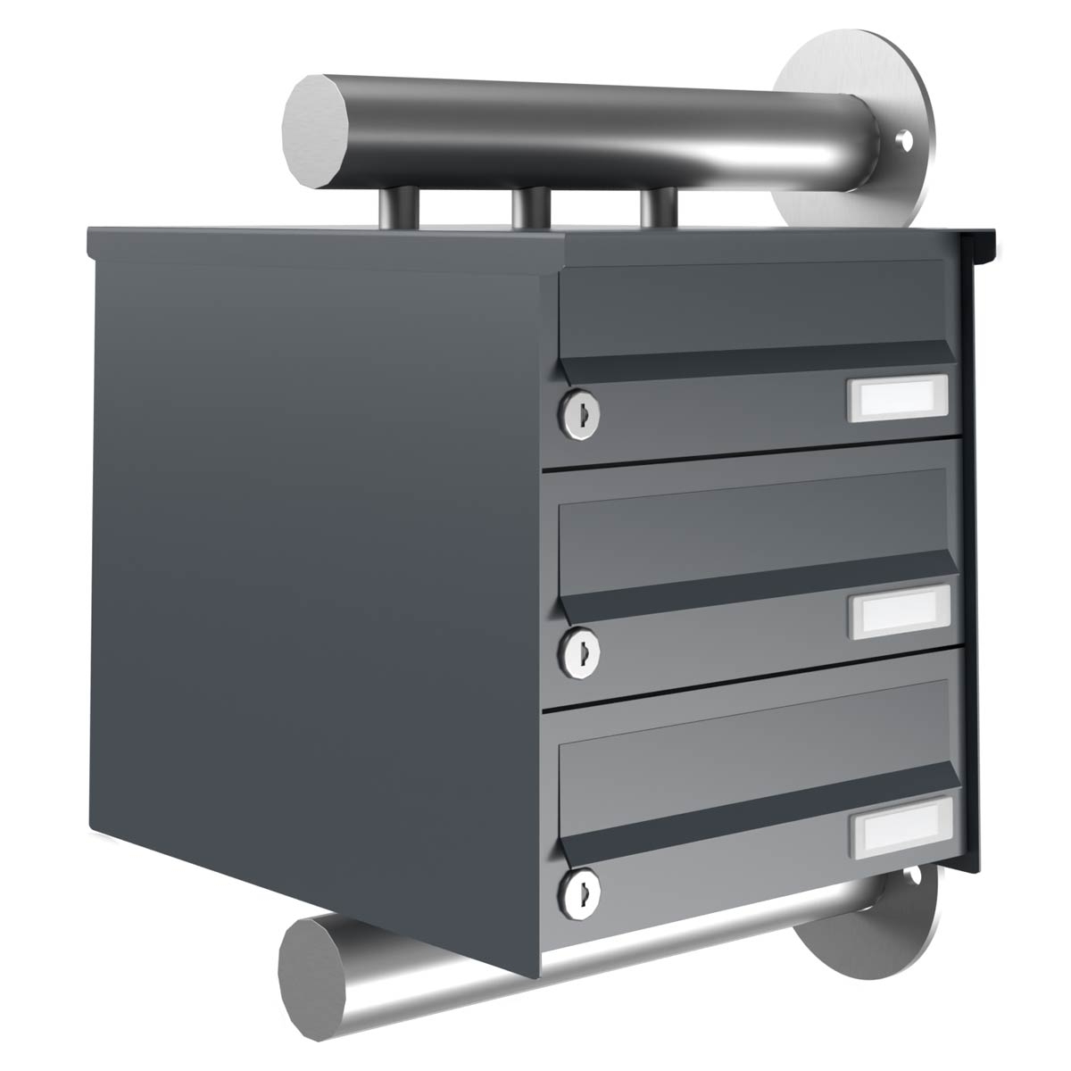 3er Edelstahl Briefkastenanlage Design BASIC Plus 385XW zur seitlichen Wandmontage - RAL nach Wahl