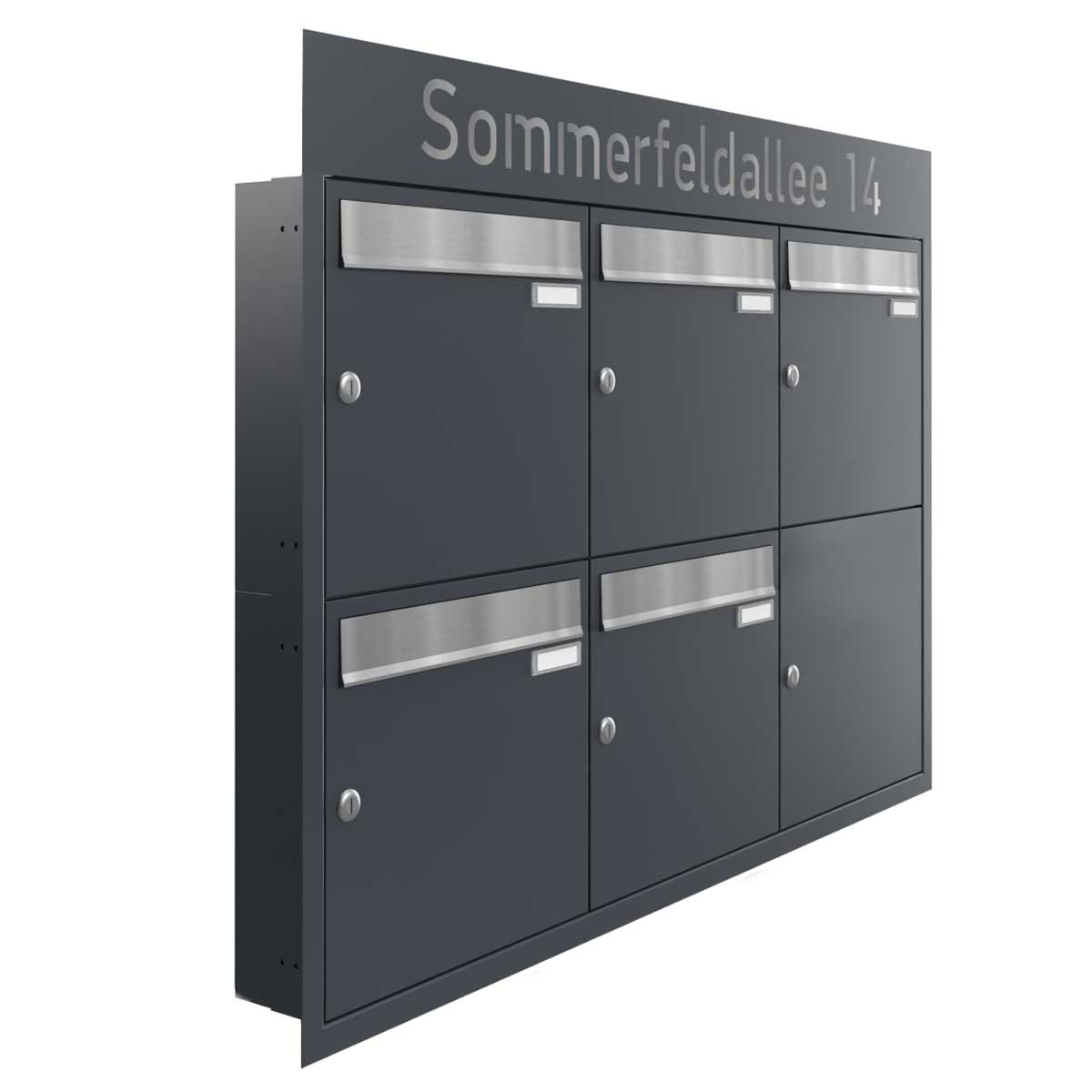 5-piece flush-mounted letterbox system BASIC - Edition NELLY - BI-Color VA-RAL 7016 anthracite grey 5-piece flush-mounted letterbox system BASIC - Edition NELLY - BI-Color VA-RAL 7016 anthracite grey