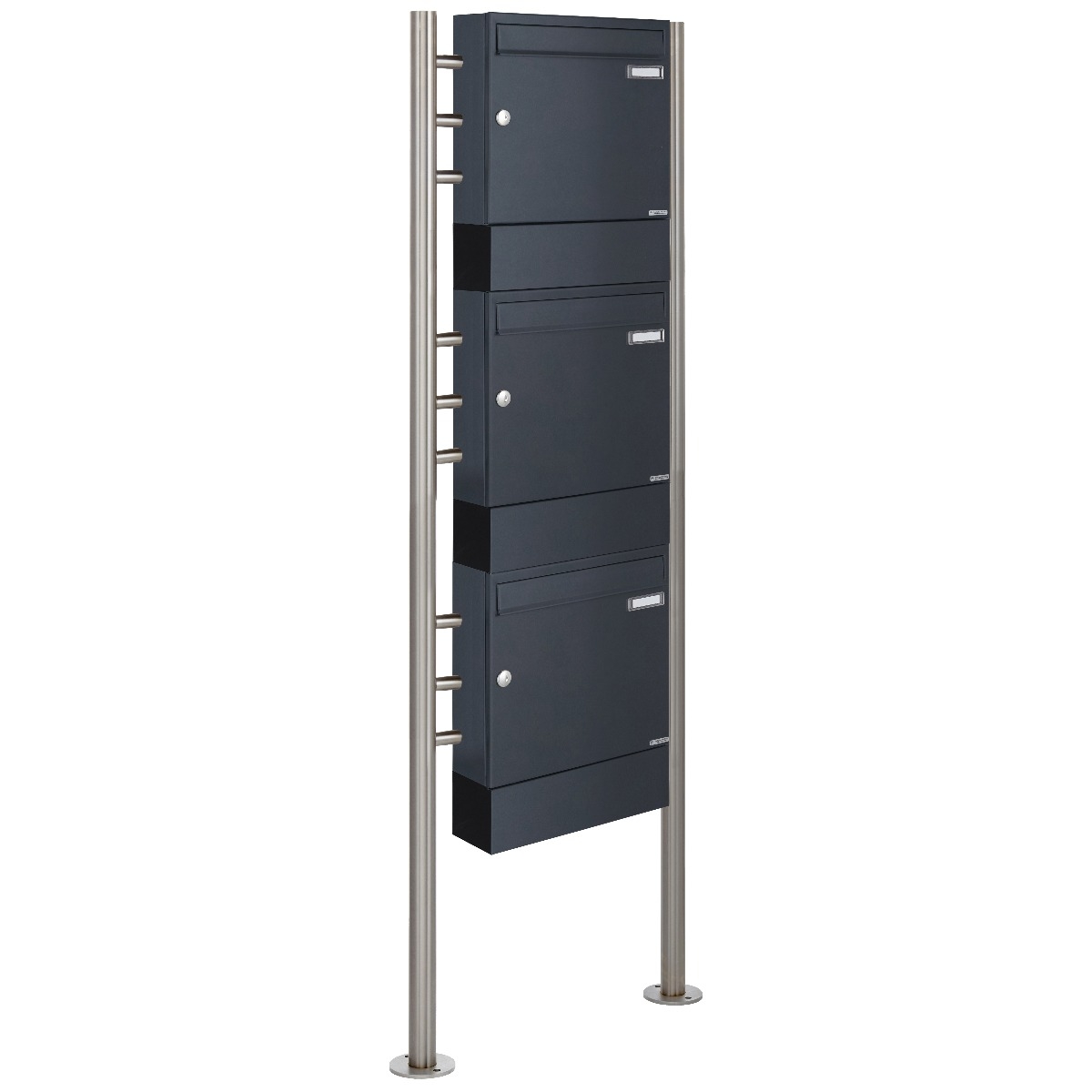 3-post 1x3 letterbox design BASIC 381 ST-R with newspaper compartments - RAL 7016 anthracite grey 3-post 1x3 letterbox design BASIC 381 ST-R with newspaper compartments - RAL 7016 anthracite grey