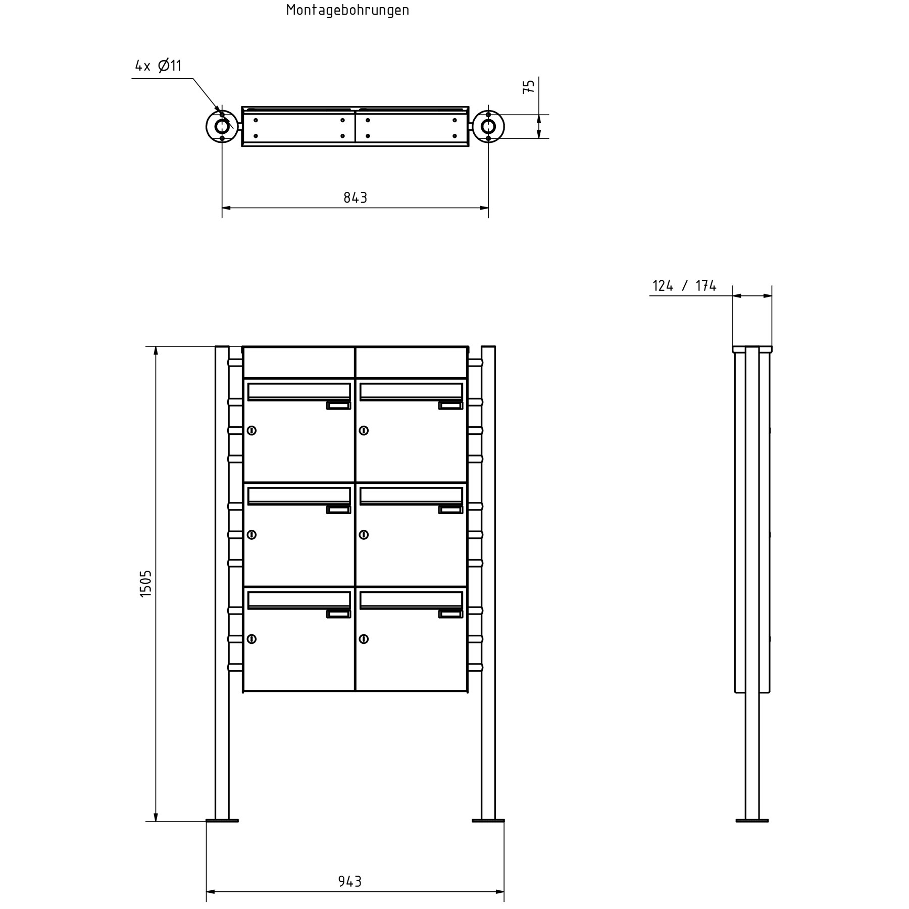 6er Standbriefkasten Design BASIC Plus 381X ST-R mit Klingelkasten - Edelstahl V2A geschliffen