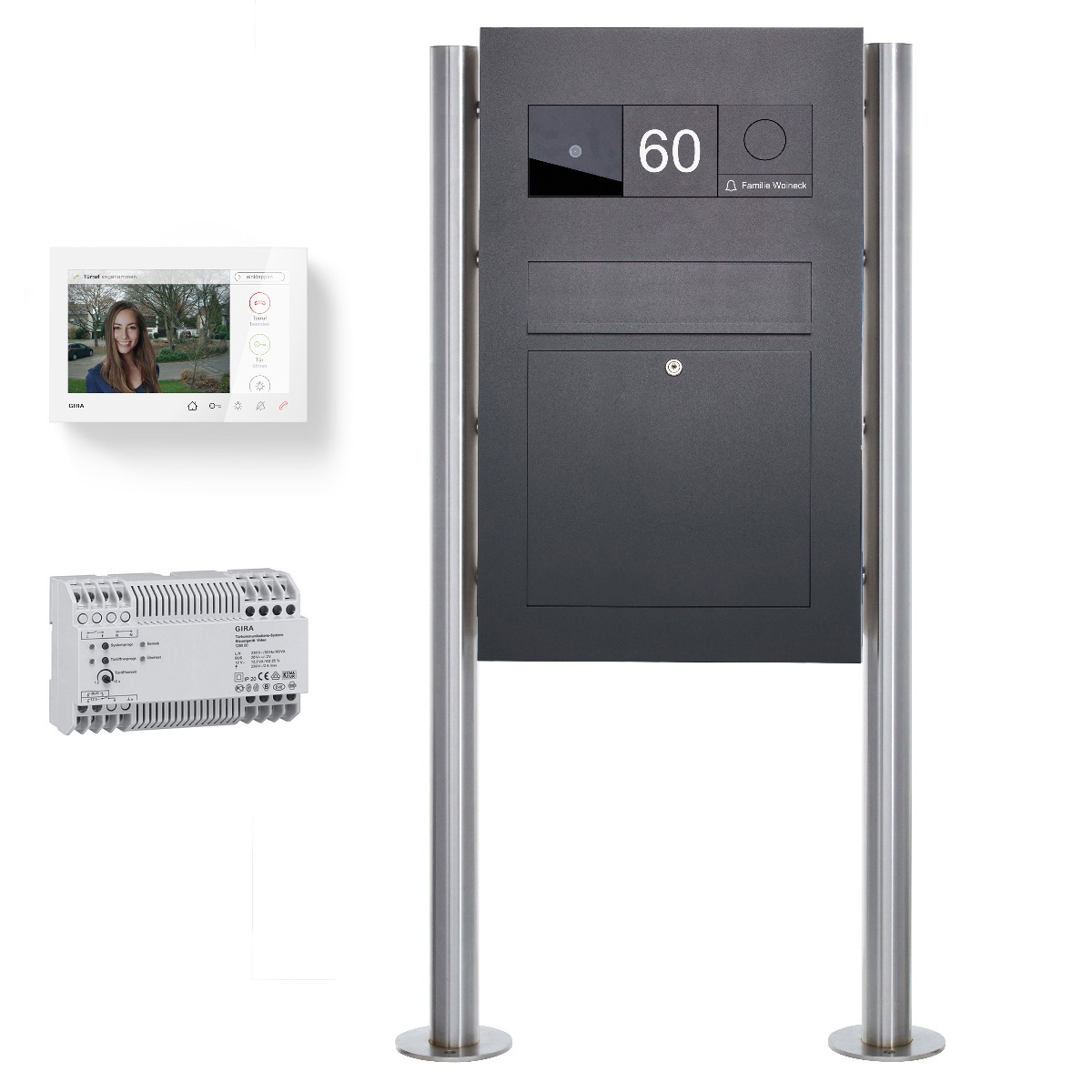Edelstahl Standbriefkasten Designer BIG - RAL 7016 anthrazitgrau feinstruktur matt - GIRA System 106 - VIDEO Komplettset Edelstahl Standbriefkasten Designer BIG - RAL 7016 anthrazitgrau feinstruktur matt - GIRA System 106 - VIDEO Komplettset