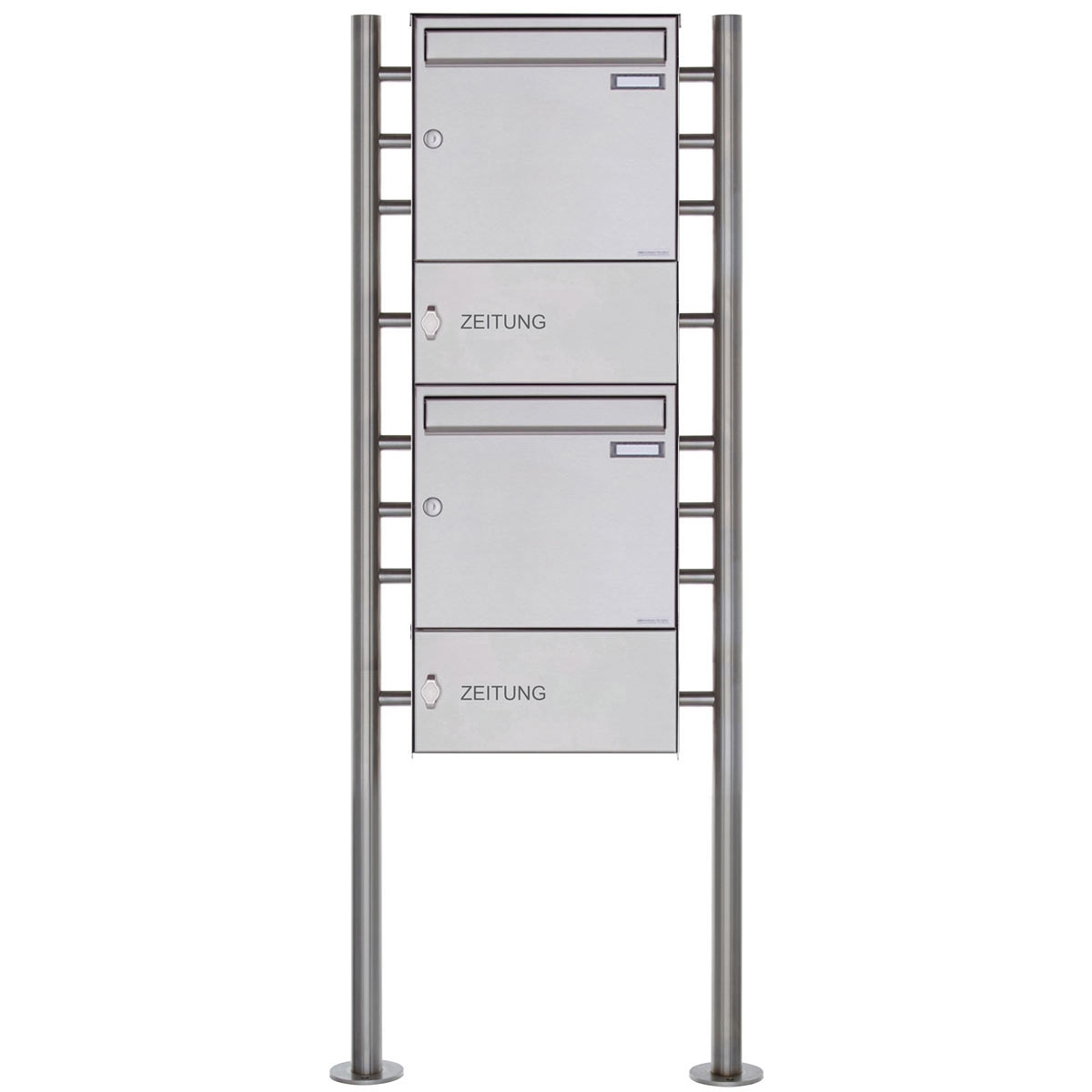 Buzón independiente de 2 piezas de acero inoxidable Diseño BASIC Plus 381X ST-R con compartimento cerrado para periódicos Buzón independiente de 2 piezas de acero inoxidable Diseño BASIC Plus 381X ST-R con compartimento cerrado para periódicos