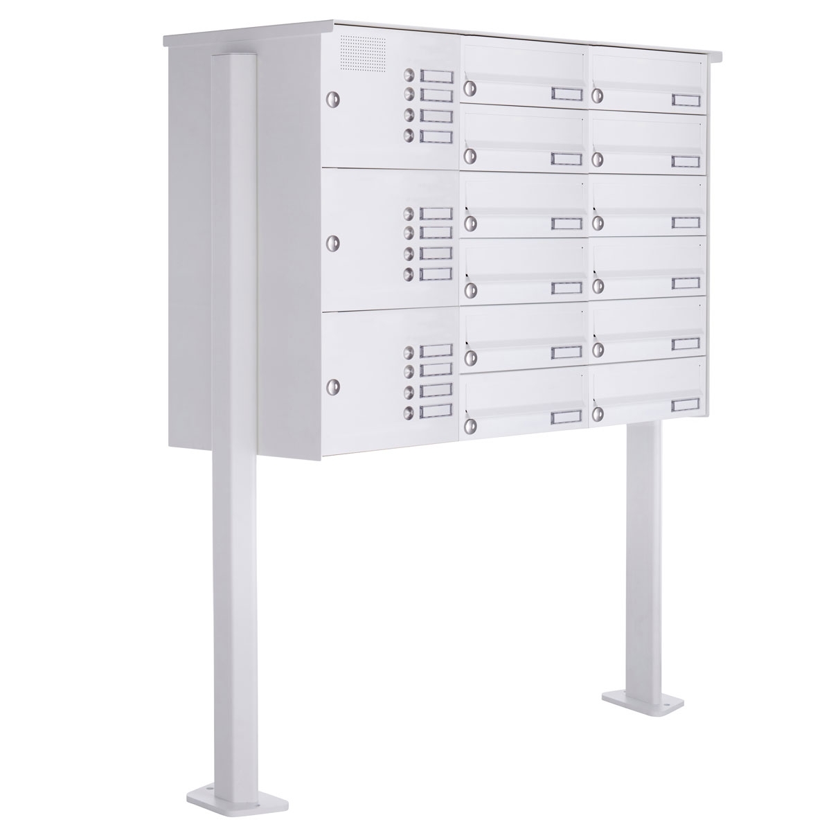 12er Standbriefkasten Design BASIC 385P-9016 ST-T mit Klingelkasten - RAL 9016 verkehrsweiß