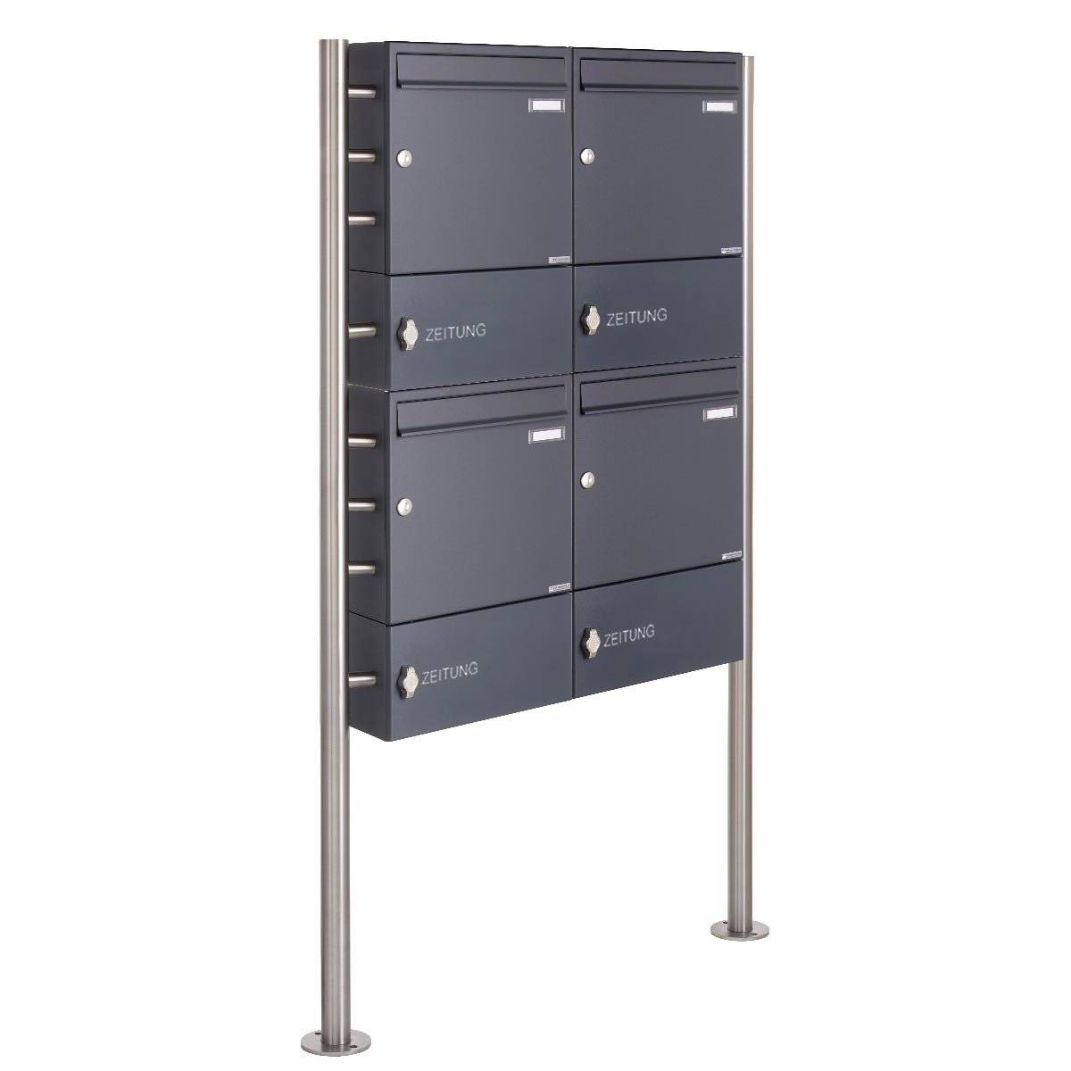 4-post 2x2 letterbox Design BASIC 381 ST-R with closed newspaper compartment - RAL 7016 anthracite grey 4-post 2x2 letterbox Design BASIC 381 ST-R with closed newspaper compartment - RAL 7016 anthracite grey