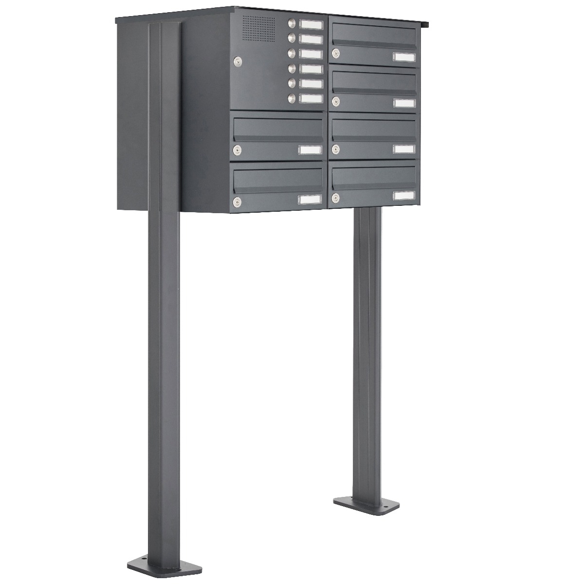 6er Briefkastenanlage freistehend Design BASIC 385P-7016-SP mit Klingel- Sprechteil inkl. Seitenverkleidung & Regendach - Briefkästen waagerecht - Anthrazit-Grau RAL 7016 6er Briefkastenanlage freistehend Design BASIC 385P-7016-SP mit Klingel- Sprechteil inkl. Seitenverkleidung & Regendach - Briefkästen waagerecht - Anthrazit-Grau RAL 7016