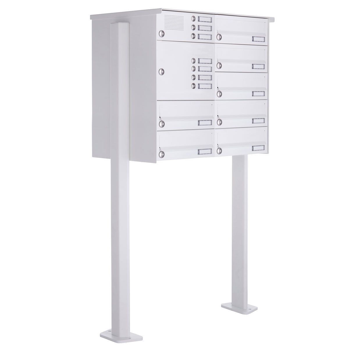 7er Standbriefkasten Design BASIC 385P-9016 ST-T mit Klingelkasten - RAL 9016 verkehrsweiß