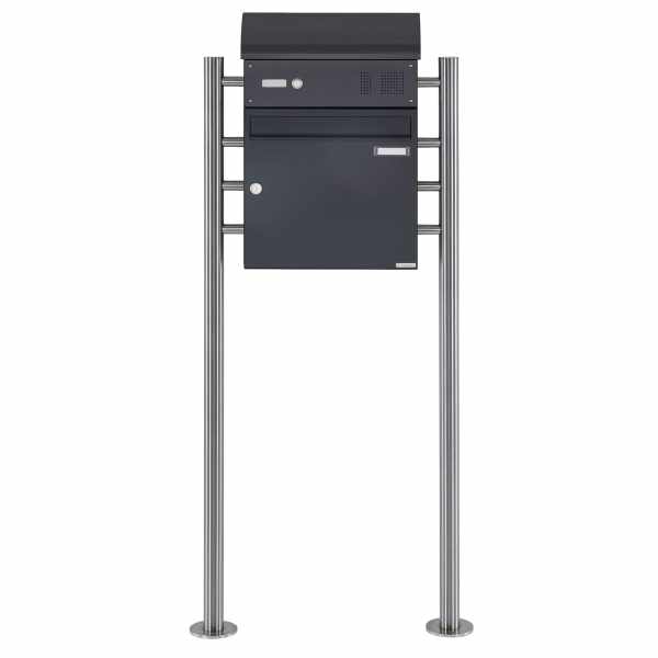 free-standing letterbox Design BASIC 383 ST-R with bell box & newspaper box - RAL 7016 anthracite gray