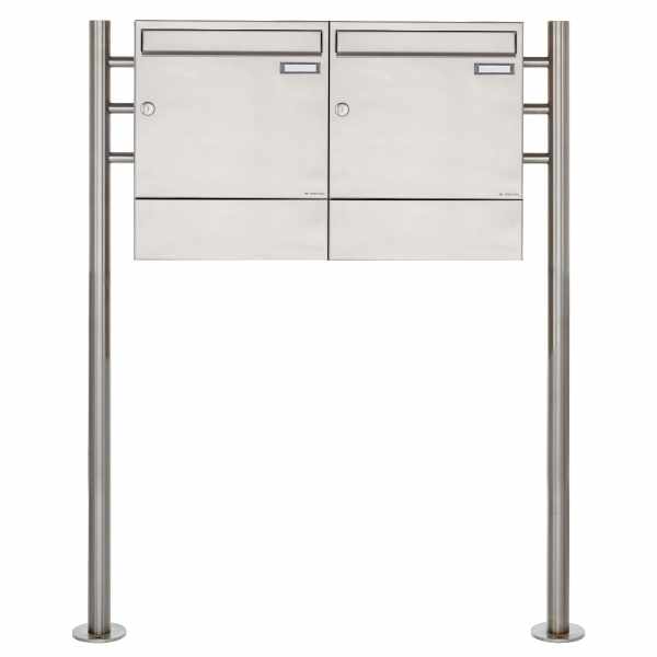 2-compartment Stainless steel free-standing letterbox Design BASIC 381 ST-R with newspaper compartment