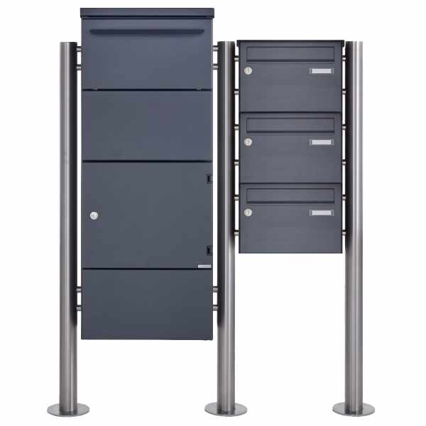 3-compartment free-standing letterbox with parcel box incl. lock technology BASIC 862BR ST-R powder-coated