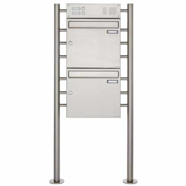 2-compartment Stainless steel free-standing letterbox Design BASIC 381 ST-R with bell box