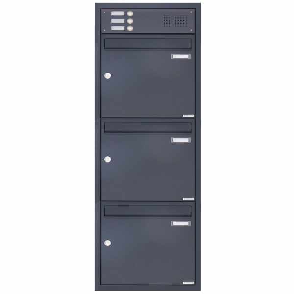3-compartment 1x3 stainless steel flush-mounted mailbox BASIC Plus 382XU UP with bell box - RAL of your choice