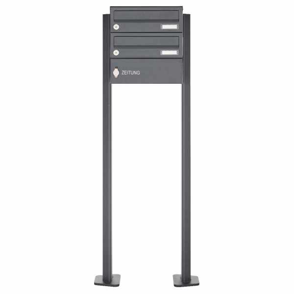 2-compartment free-standing letterbox Design BASIC 385P-7016 ST-T with newspaper box - RAL 7016 anthracite gray