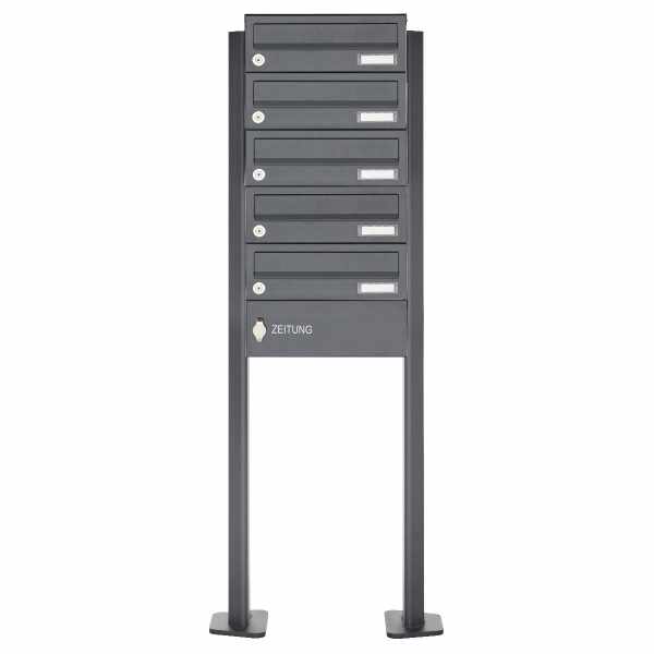 5-compartment free-standing letterbox Design BASIC 385P-7016 ST-T with newspaper box- RAL 7016 anthracite gray