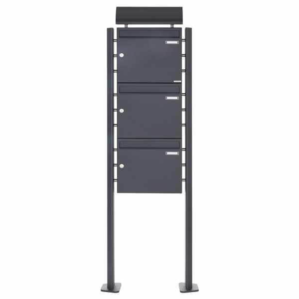 3-compartment free-standing letterbox Design BASIC 380 PDI with newspaper box - RAL 7016 anthracite gray