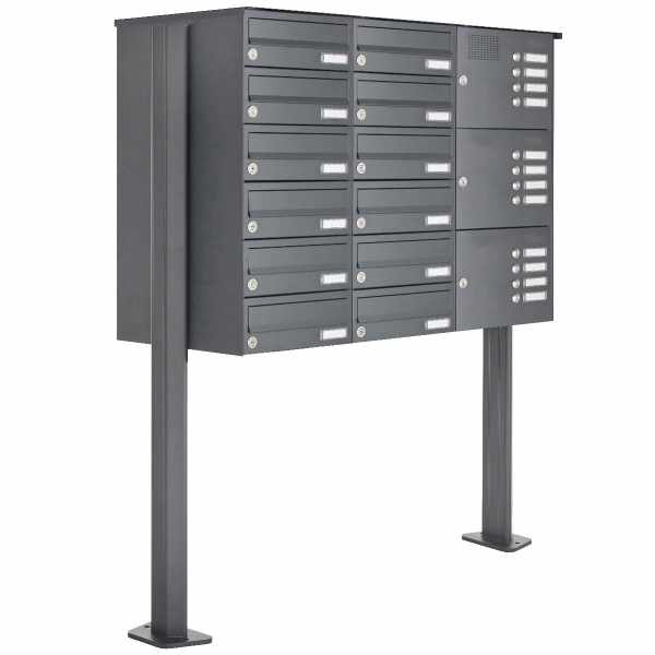 12-compartment free-standing letterbox Design BASIC 385P ST-T with bell box - RAL 7016 anthracite gray